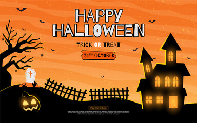 Happy Halloween background design. Vector banner, poster, card, content for social media, halloween festival for decoration with spooky ghost, pumpkin, moon, castle, tree. 31st October