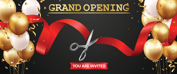 Grand opening invitation card design with red ribbon and confetti