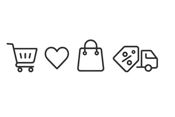 E-commerce outline icon set for online shopping. Vector symbols of shopping cart, wishlist heart, bag, discount tag, and delivery truck for web, app UI, and retail.