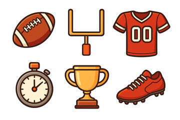 American football icon set. Vector cartoon collection of sports equipment: ball, goalpost, jersey, timer, trophy, and cleat shoe. Isolated graphic elements for game day.
