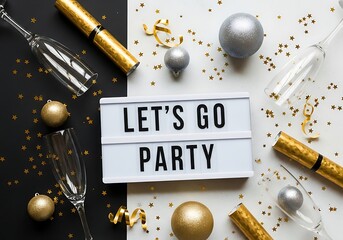 Let's Go Party Message Board With Champagne Glasses And Party Decorations lightbox text