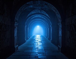 Dark stone arched tunnel, light at end