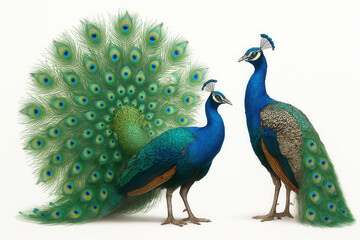 Obraz premium Two peacocks on a white background.