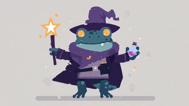 Animated wizard frog with magic wand and potion bottle illustration