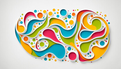an intricate and colorful abstract illustration of swirling organic forms and circles with a 3d paper cut effect, resembling a stylized brain or organism.