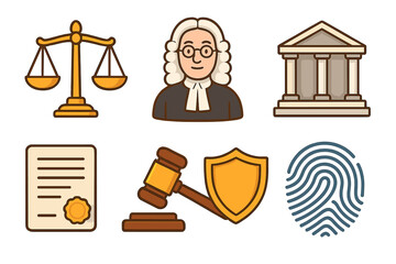 Law and justice vector icon set. Collection of cartoon symbols including judge, courthouse, legal document, scales, gavel, shield, and fingerprint for legal services concept.