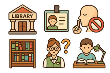 Library icon set with building, ID card, bookshelf, and quiet zone sign. Vector illustration for education, studying, and learning concepts. Includes librarian assistance and student.