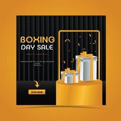 Boxing day sale social media post design with opened gift box. free stock illustration for greeting card, ad, promotion, poster, flier, blog, article, social media, marketing