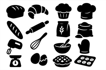 Baking and bakery silhouette icon collection. Vector graphic set with essentials for cooking desserts and pastries. Includes bread, cake, pie, flour, eggs, and kitchen tools.