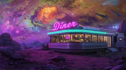 Glowing pink neon sign illuminating chrome diner on alien plain with starships beneath nebula sky - Powered by Adobe