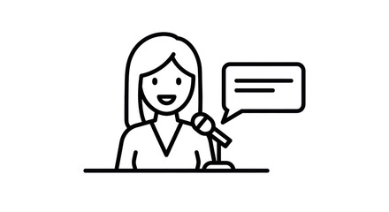 Isolated woman giving presentation at lectern, speaking at microphone with speech bubble