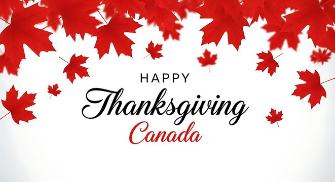 Happy thanksgiving canada text with falling red maple leaves creating a festive border on a white background symbolizing autumn and canadian celebration