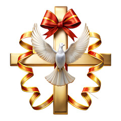 Cross with doves and red bows isolated on transparent background