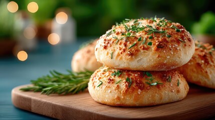 Stack Of Freshly Baked Artisan Bread On Wooden Board With Rosemary And Blurred Background