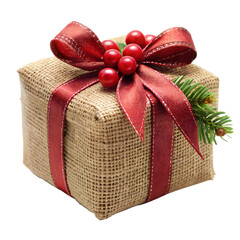 Christmas gift wrapped in burlap with red ribbon isolated on transparent background