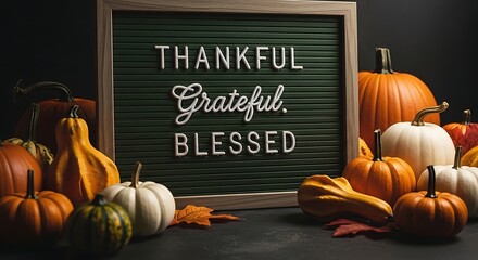 A dark and moody thanksgiving scene featuring a felt letter board with the words thankful grateful blessed surrounded by a variety of pumpkins gourds and autumn leaves creating a festive holiday atmos