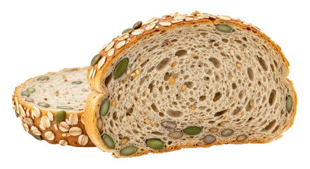 Isolated slices of multigrain seeded bread with whole grains and seeds, close up view