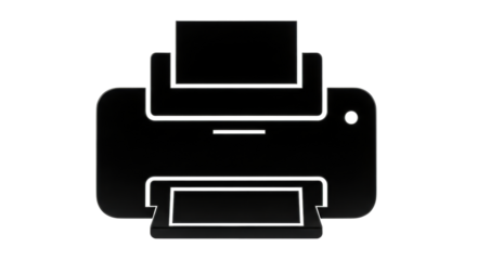 Isolated printer design in black with document in top tray for print from computer or mobile