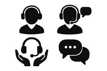 Customer support icons silhouette set with headset, communication symbols, hands holding headset, speech bubbles, vector cartoon illustration, transparent background, service and call center concepts