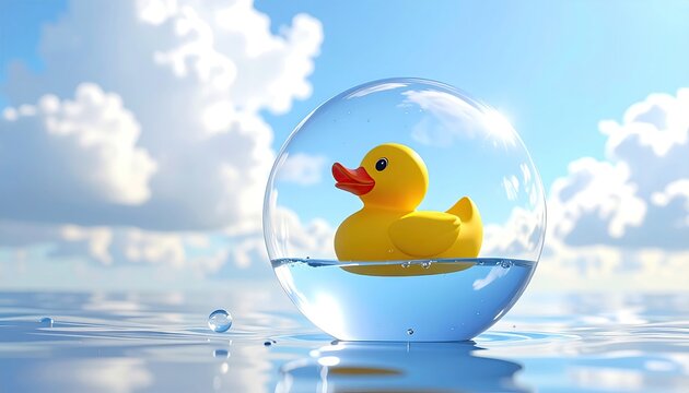 Whimsical Yellow Rubber Duck Floating Inside a Clear Water Bubble Under a Cloudy Sky.