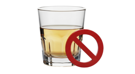 Isolated shot glass with amber liquid and a prohibition sign indicates no drinking allowed