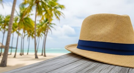 Straw hat on a wooden surface with a tropical beach in the background