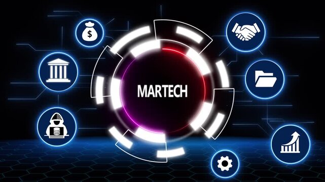 Martech concept with icons for finance security and growth on dark background marketing technology marketing