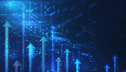 Blue background with upward arrows and digital tech elements for financial growth, featuring abstract three-arrow logo symbolizing market speed.