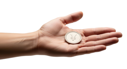 Isolated hand holding Japanese yen coin, currency, business, financial, savings, investment