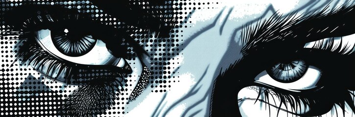Close-up of male and female eyes with halftone pattern, sharp feminine eye and softly glowing masculine eye on white background.