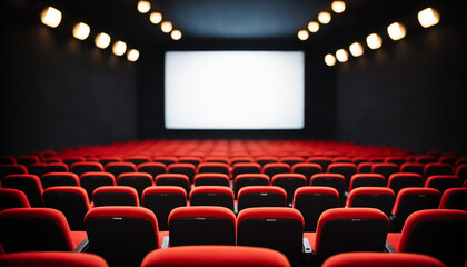 Fototapeta premium empty cinema theater interior with rows of red velvet seats and blank screen