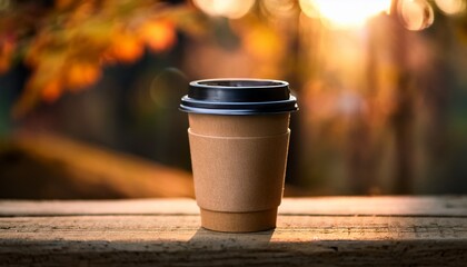 Eco Friendly Coffee Cup Featuring Black Lid Placed Upon Rustic Wooden Table Outdoors Captured Within Warm Natural Light With Soft Blurred Background Creating The Cozy Autumn Mood