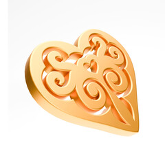 Realistic illustration of shiny golden heart with kazakh ornament isolated on white background. Symbol of love, romantic and Wedding. 3d rendering of heart shape