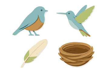 Obraz premium Beautiful collection of charming paper cut style birds, feather, and nest elements for spring and nature themed designs