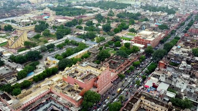 Drone Aerial View of Hawa Mahal Palace, Jaipur, Rajasthan