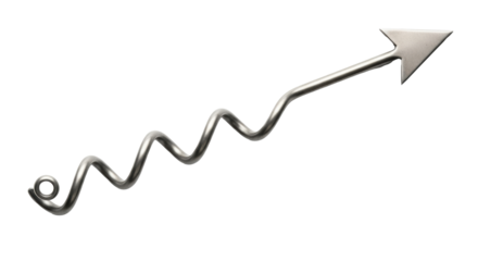 Isolated steel arrow with coiled shaft pointing right, metallic, direction indicator