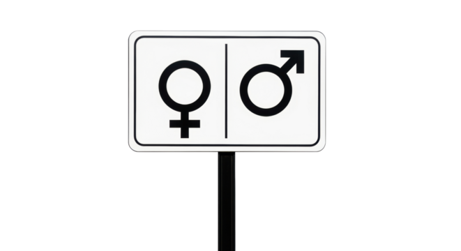 Isolated sign indicating separate male and female restrooms, a gender symbols concept
