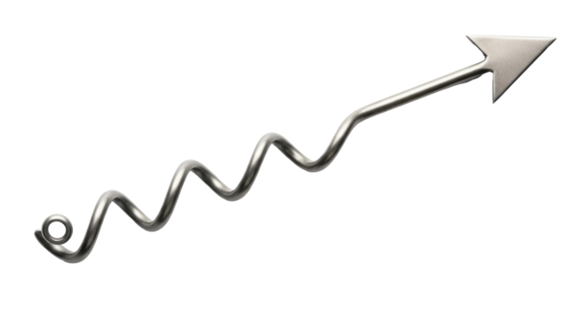 Isolated steel arrow with coiled shaft pointing right, metallic, direction indicator