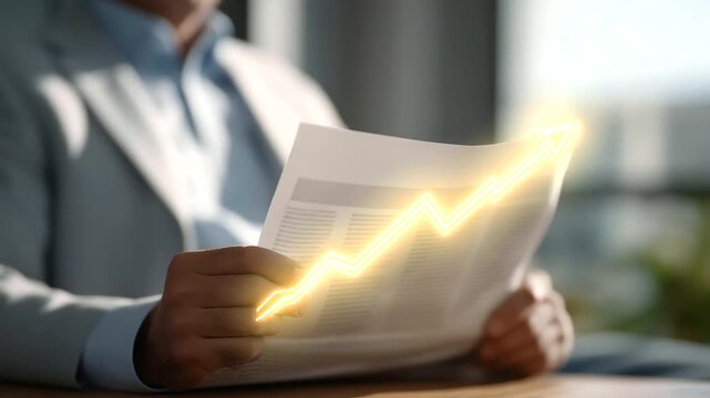 investor holding printed earnings report with giant upward arrow hologram floating above subtle page rustle distant market ticker beeping financial optimism scene three quarter wid