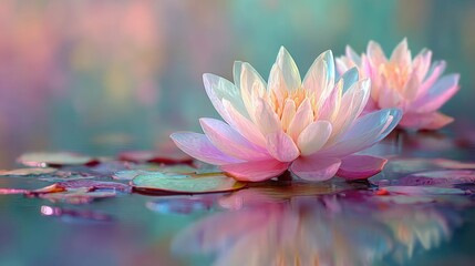 Beautiful lotus flower in calm balance concept. Beautiful pink water lilies floating on a serene water surface.