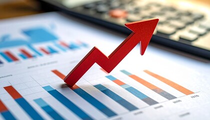 Business chart with upward red arrow, showing growth through bars, lines, and pie segments.