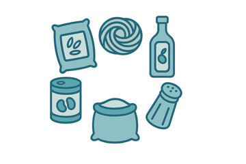 Fototapeta premium Collection of essential kitchen ingredients and pantry staples including grains, oil, and seasonings for cooking and baking