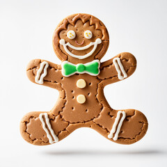 gingerbread man cookie with green bow tie and white chocolate buttons