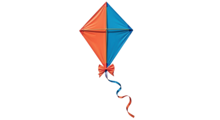 Isolated kite flying in the sky, diamond-shaped with orange and blue segments tied with a bow