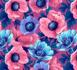 Pink blue and turquoise anemone flowers pattern on magenta background, large floral botanical design.