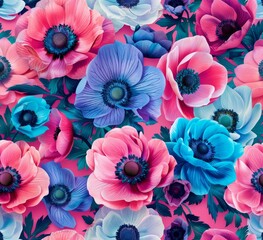Pink blue and turquoise anemone flowers pattern on magenta background, large floral botanical design.