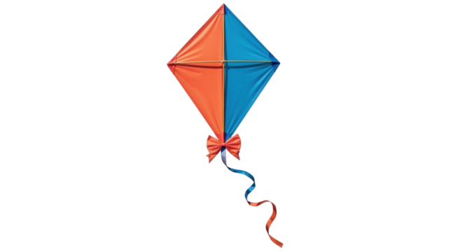 Isolated kite flying in the sky, diamond-shaped with orange and blue segments tied with a bow