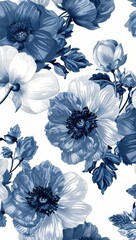 Vintage blue and white floral pattern with intricate details, seamless pen drawing style with shading for elegant design.