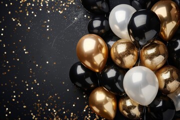 Pile of black white and gold balloons with glitter on dark background, party celebration decoration in close-up shot.