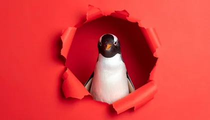 Handdoek met foto Meisjeskamer Festive penguin in snowy scene with red berries and pine branches, set against a vibrant holiday backdrop.  © Edge